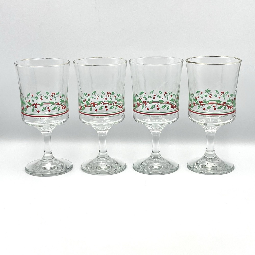 Vintage 1986 Arby's Christmas Collection Holly Goblet Glasses Set of 4 Stemmed